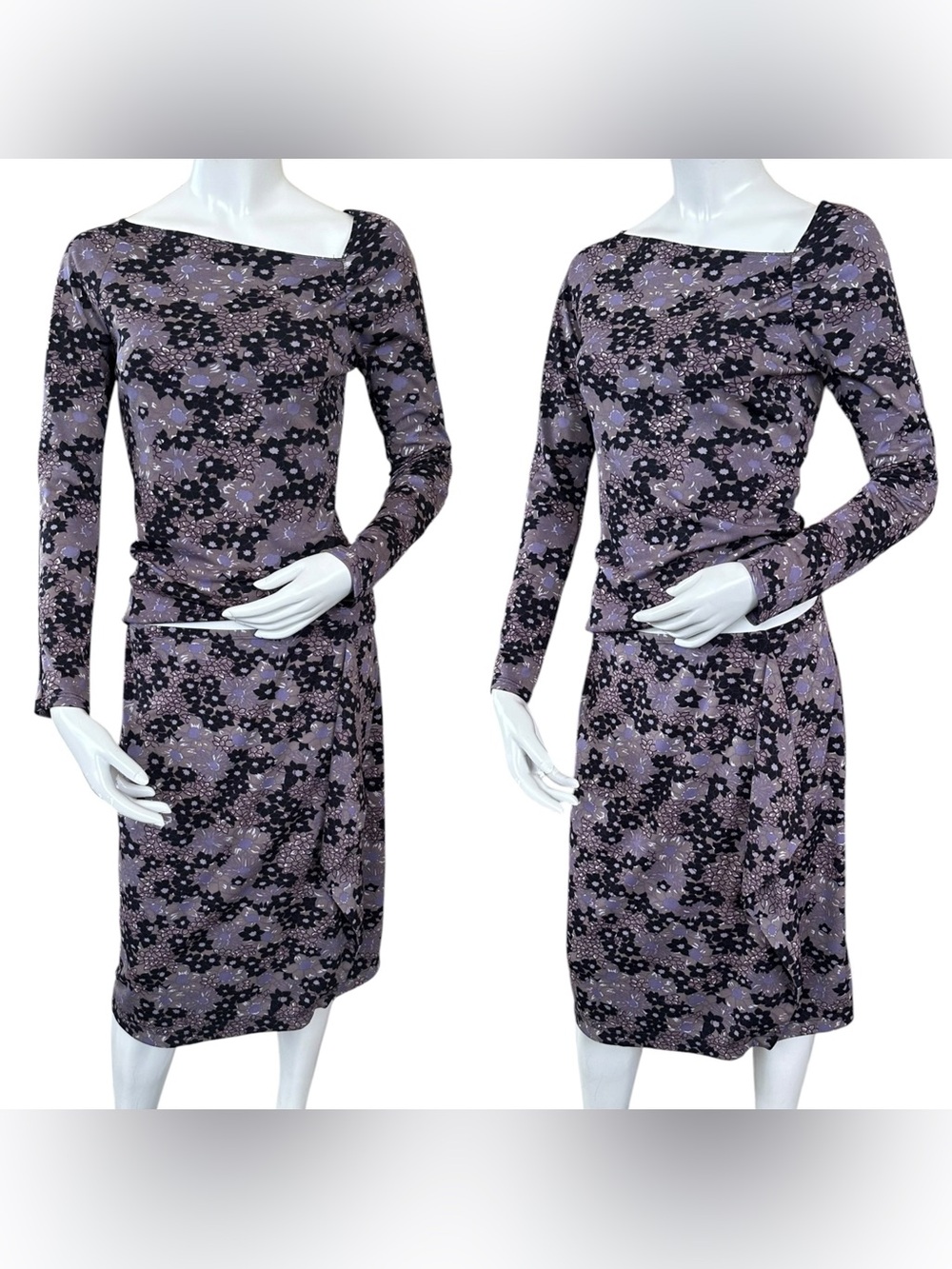 Y2K 90s BCBG Pale Purple Black grunge 2 Pc Long Sleeve Top & Midi Skirt Set